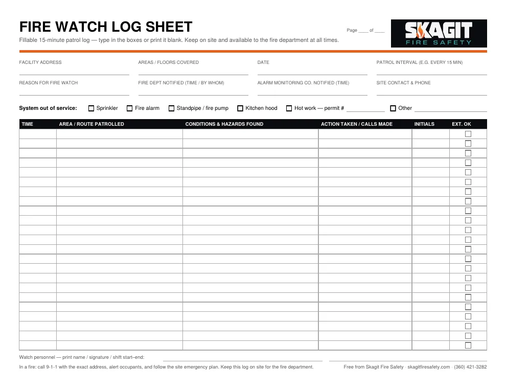 Preview of the free fillable fire watch log sheet PDF from Skagit Fire Safety