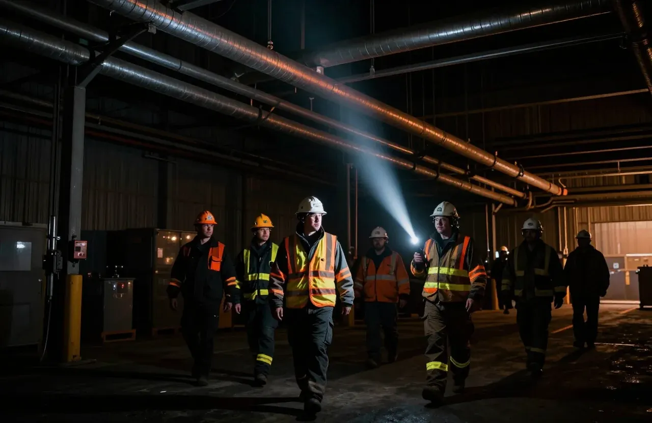 Fire watch personnel patrolling an industrial facility with flashlights