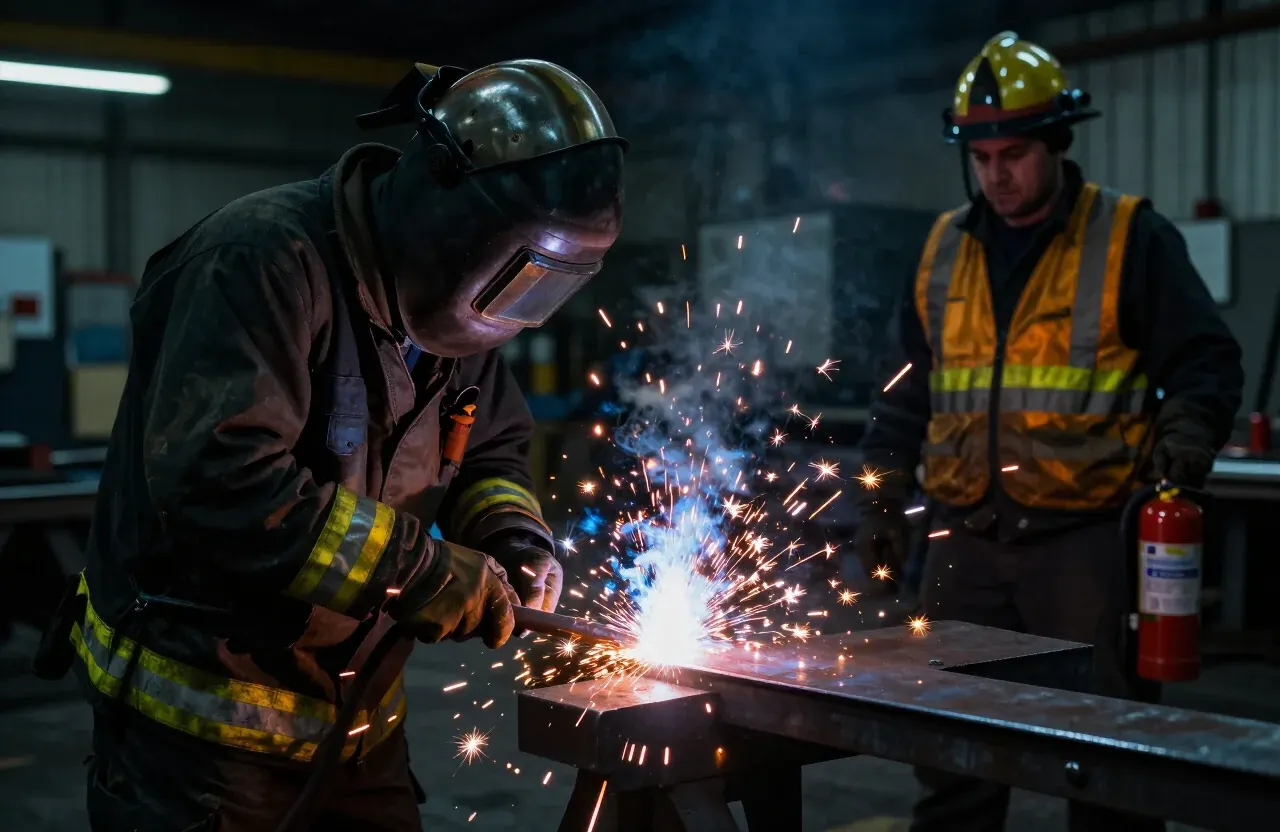 Fire watch standing by with an extinguisher while a welder works